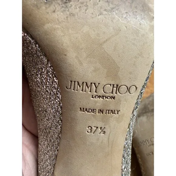 Jimmy Choo Women’s 37.5 ISABEL Champagne Glitter Fabric Open Toe Pump Shoe - Picture 7 of 8